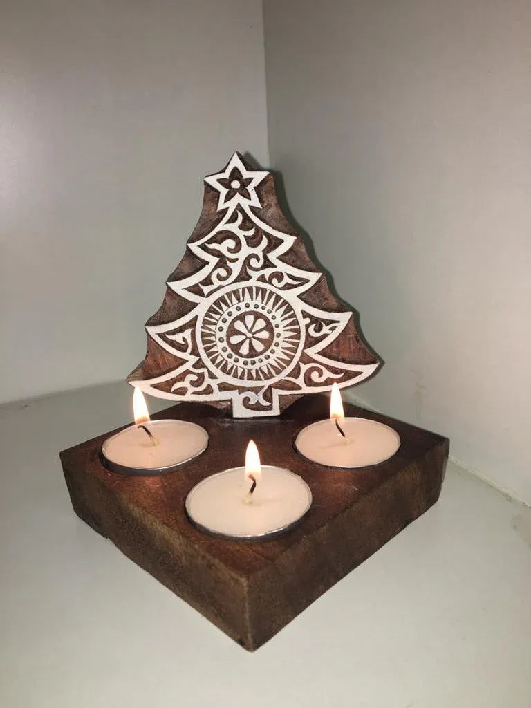 Christmas Tree Block Rosewood Tealight Candle Holder - ArtyCraftz.com