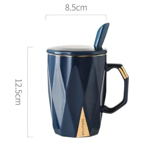 Coffee Tea Ceramic Mug Cup with Spoon and lid 420ml (Royal Blue) - ArtyCraftz.com