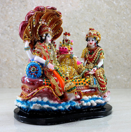 Colorful resin Vishnu Lakshmi decorative statue with Sheshnag backdrop-ArtyCraftz.com