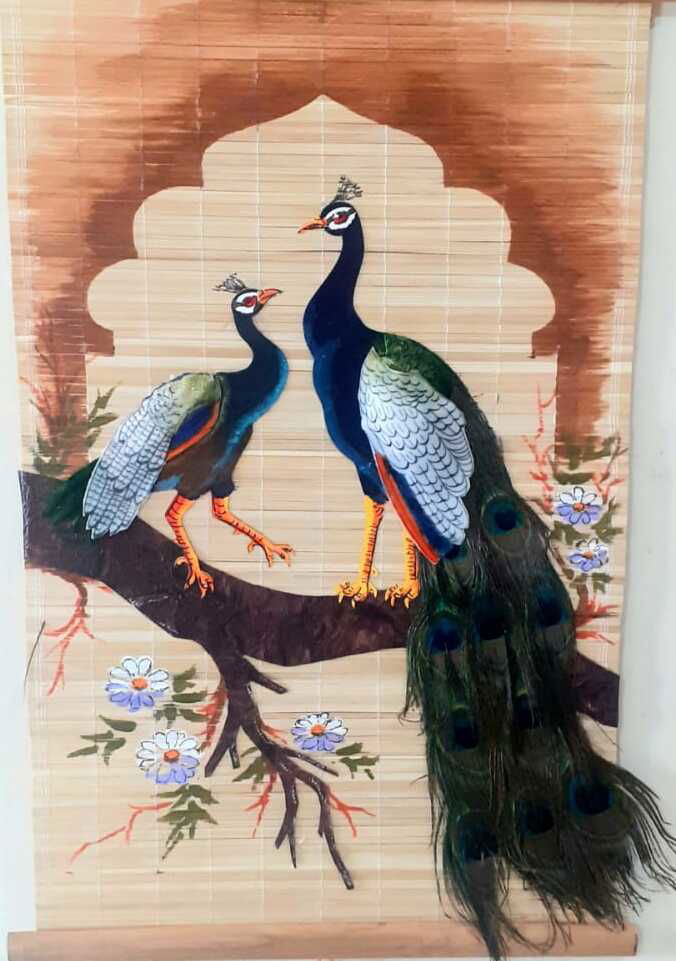 Couple Peacock With Bamboo Mat and Real Feathers Wall Hanging-ArtyCraftz.com