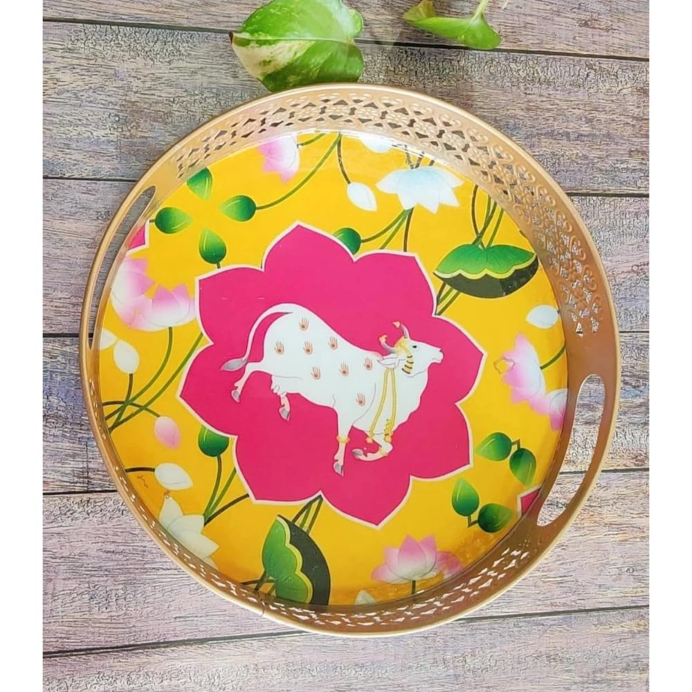 Beautiful Cow Pichwai Tray Set Yellow and Pink