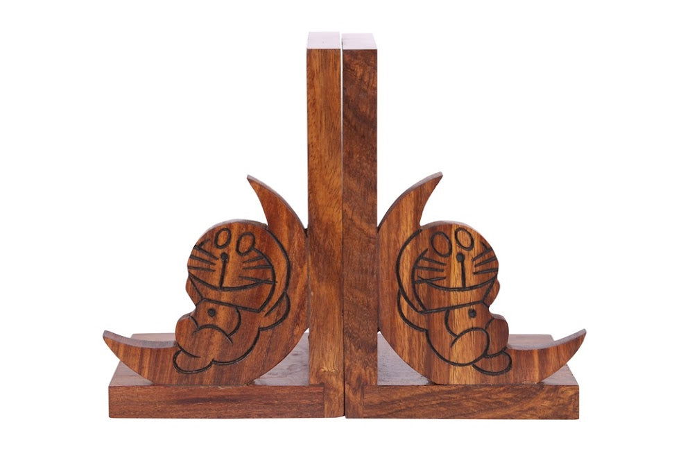 Cute Doraemon Bookend In Sheesham Wood For Home Decor & Gift - ArtyCraftz.com