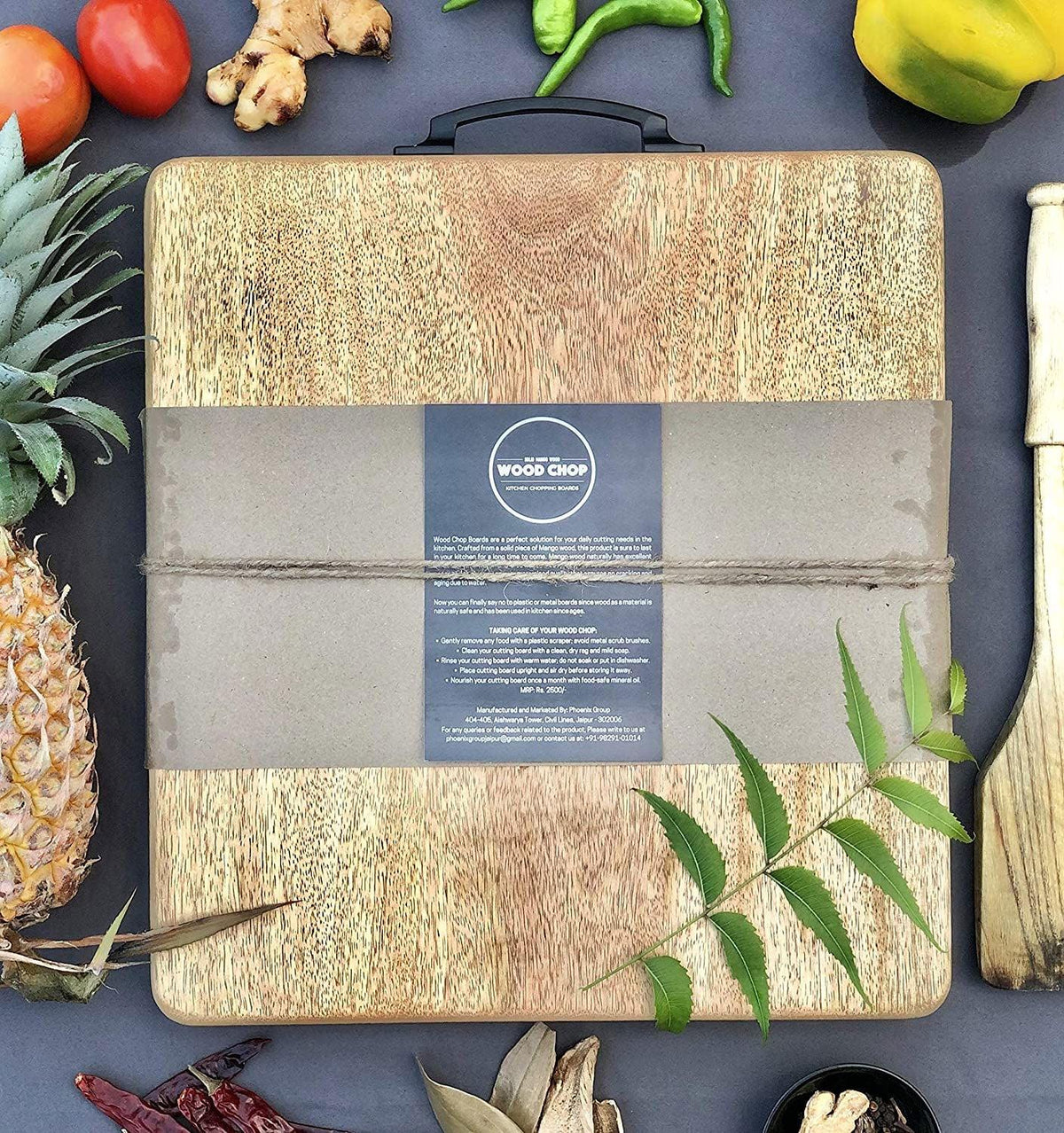 Single Solid Block Mango Wood Wooden Chopping / Cutting Board with Metal Handel & Anti Skid Mat (38x32x2.5 Cm) - ArtyCraftz.com