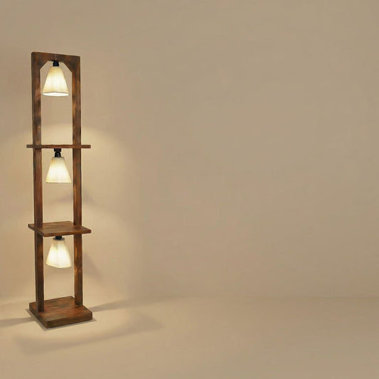 60 inch pine wood floor lamp with three lights and two display shelves-artycraftz.com