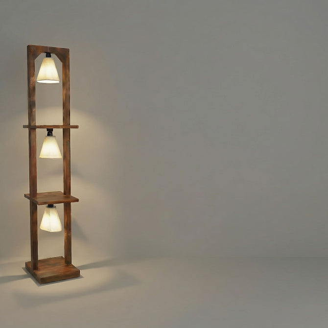 60 inch pine wood floor lamp with three lights and two display shelves-artycraftz.com