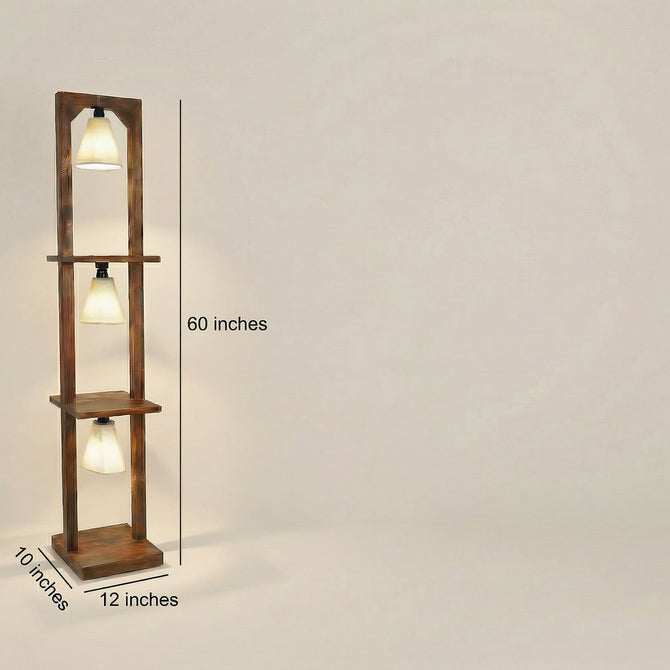 60 inch pine wood floor lamp with three lights and two display shelves-artycraftz.com
