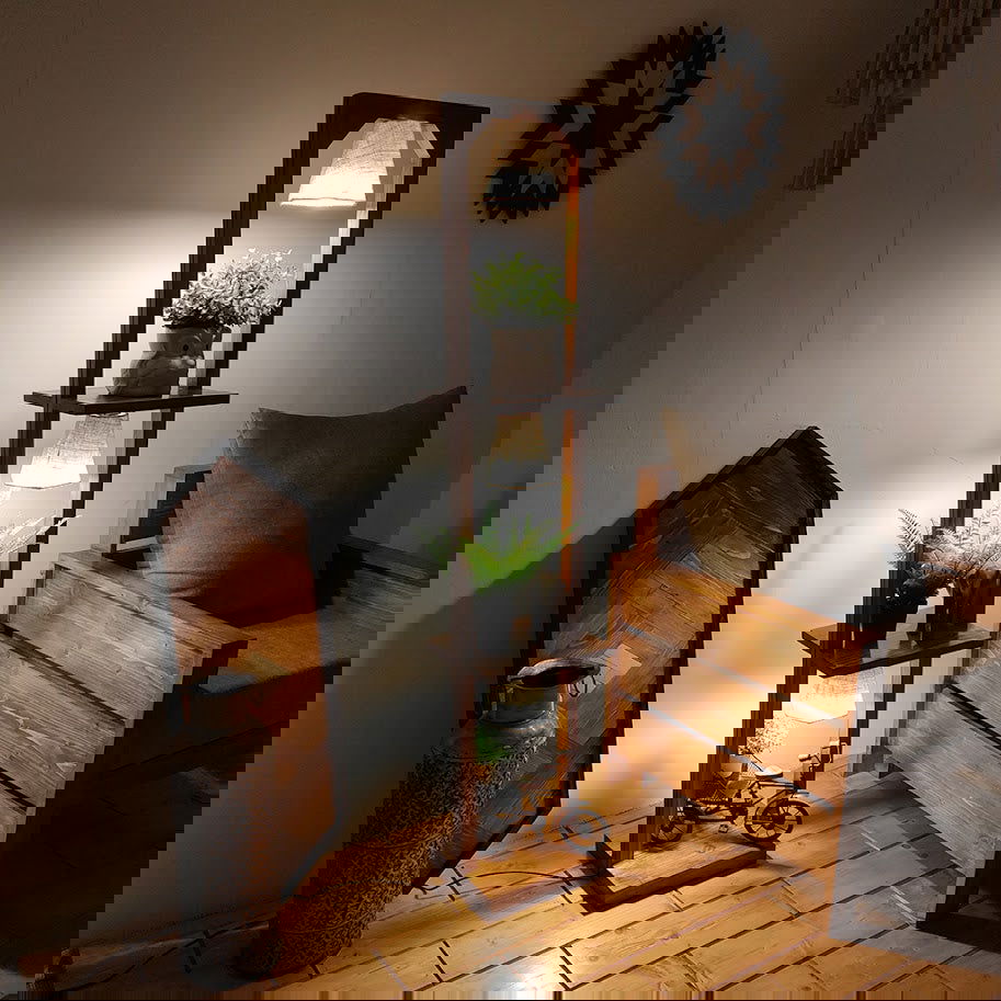 Daffodil Wooden Floor Lamp with Brown Base and Jute Fabric Lampshade - ArtyCraftz.com