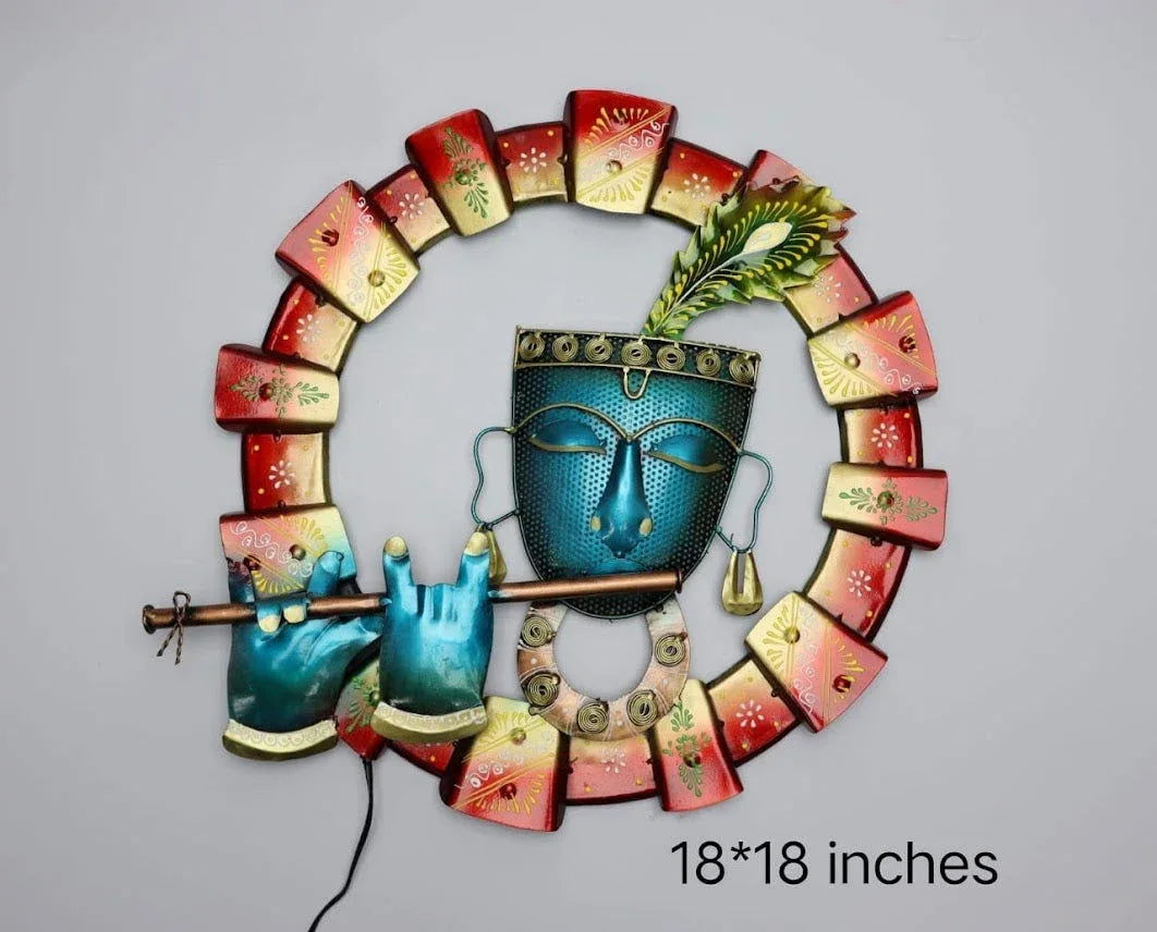 Devotional Arts & Crafts Metal LED Lord Krishna Round Frame 18*18 Inches - ArtyCraftz.com