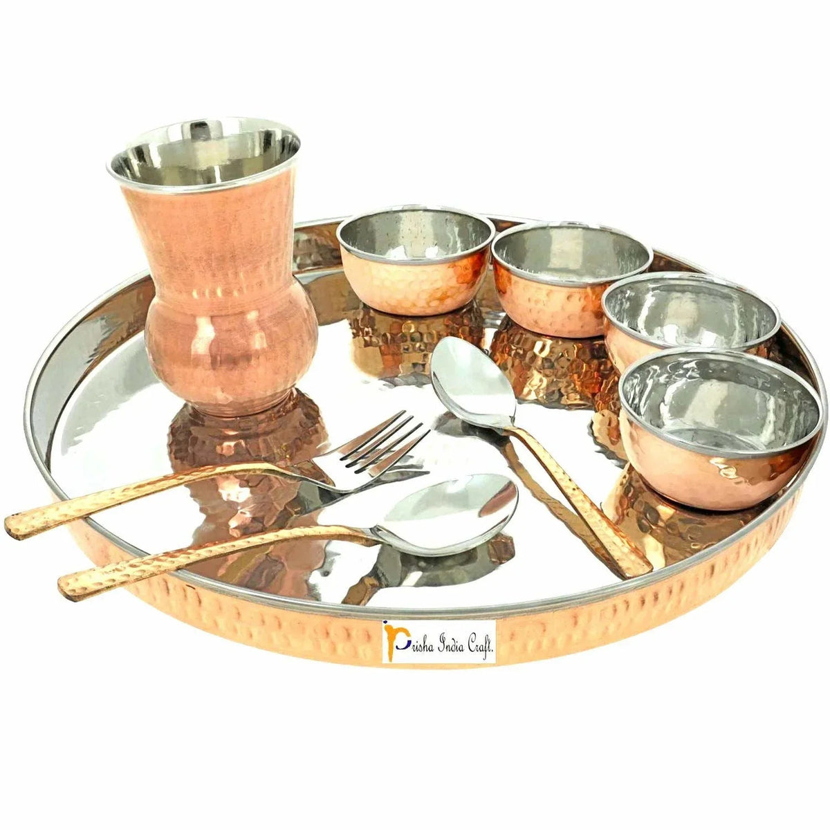 Dinnerware Copper Traditional Dinner Set of Thali Plate, Bowls, Fork, Glass Spoon and Serving Spoon, Diameter 13 Inch - Diwali Gifts Items - Stainless Steel Copperware Thali Set - ArtyCraftz.com