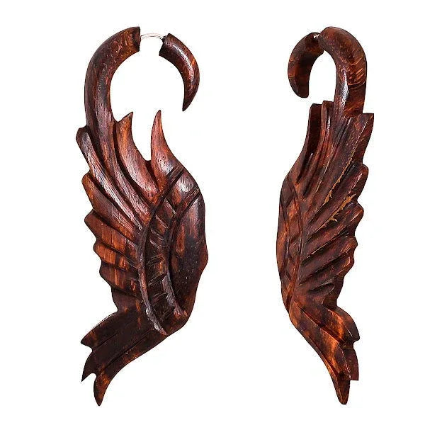 Eagle Carved Tribal Big Fake Gauge wooden Earrings 3.2" - ArtyCraftz.com