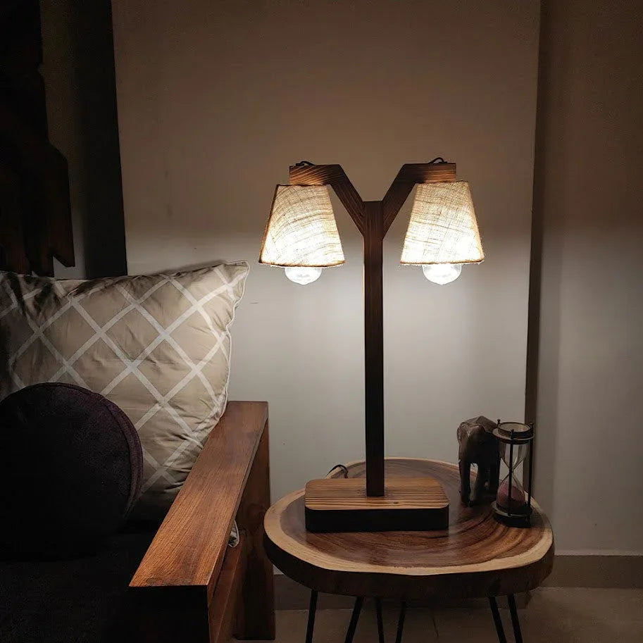 Elania Wooden Table Lamp with Brown Base and Premium White Fabric Lampshade - ArtyCraftz.com