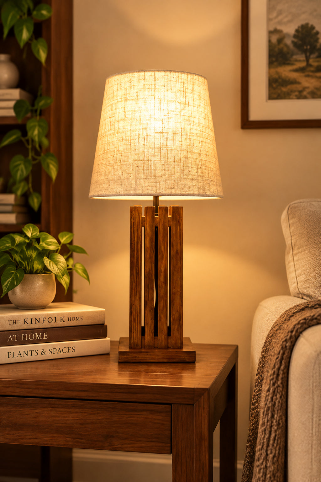Rustic Slatted Wooden Table Lamp with Linen Drum Shade-artycraftz.com