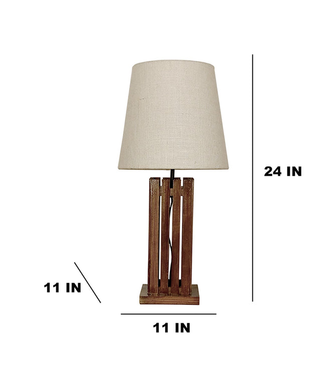 Rustic Slatted Wooden Table Lamp with Linen Drum Shade-artycraftz.com