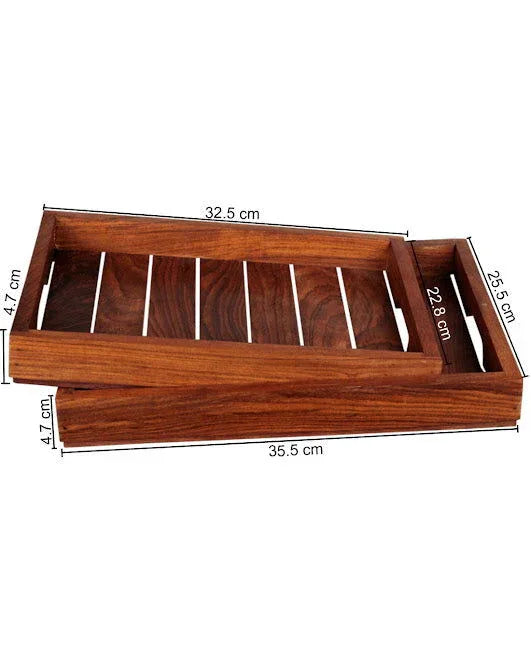 Elegant Brown Wooden Serving Tray Set Of 2 In Sheesham Wood Dinnerware & Serving Pieces, - ArtyCraftz.com