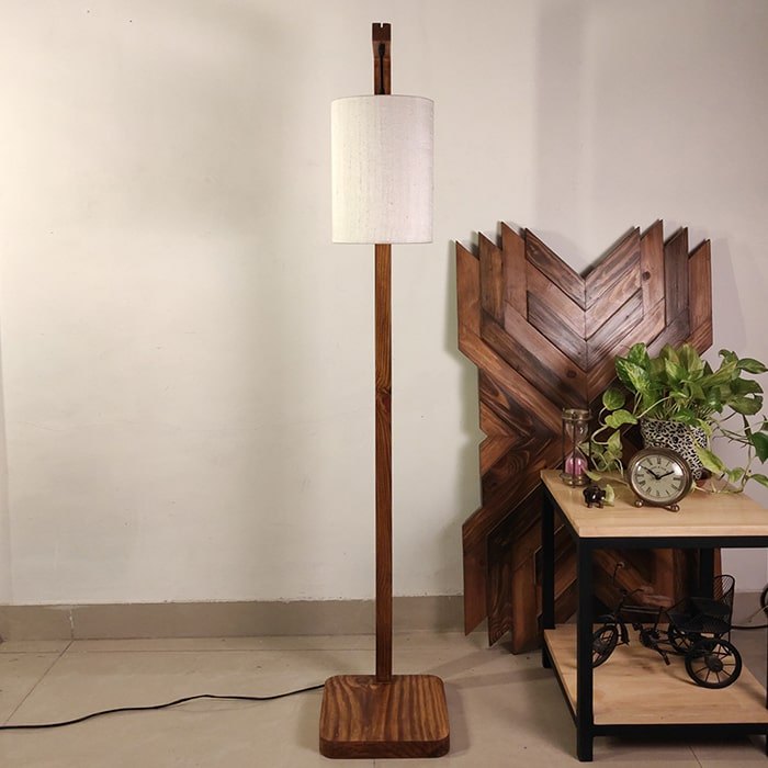 Elementary Wooden Floor Lamp with Brown Base and White Fabric Lampshade - ArtyCraftz.com