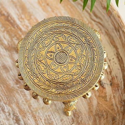 Elephant Pillar Design Handcrafted Brass Pooja Chowki with Bells, Antique Golden Color - ArtyCraftz.com