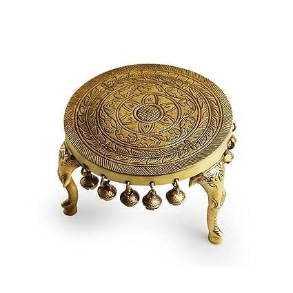 Elephant Pillar Design Handcrafted Brass Pooja Chowki with Bells, Antique Golden Color - ArtyCraftz.com