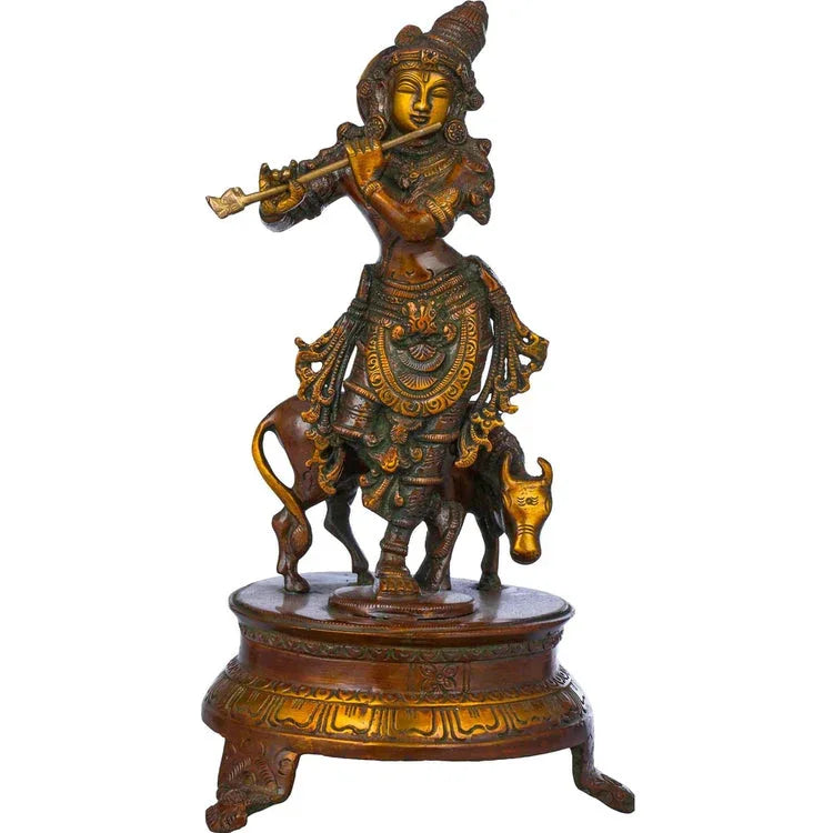 Enchanting Brass Krishna & Cow Statue-ArtyCraftz.com