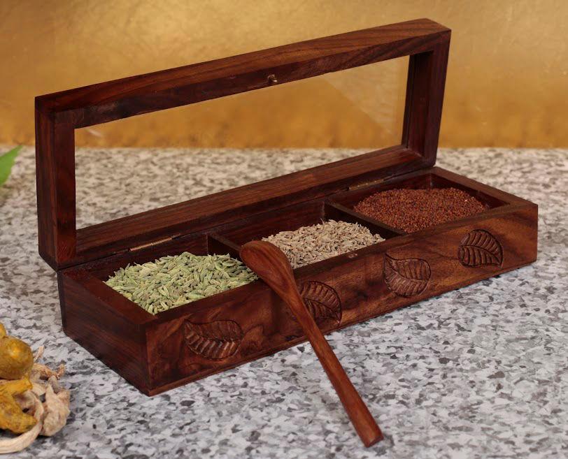 Engraved Multi-Utility Cum Spice Box With Container & Spoon In Sheesham Wood - ArtyCraftz.com