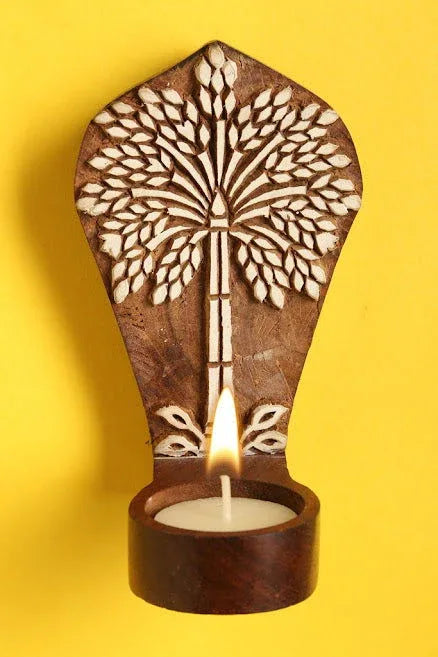 Engraved Palm Tree Table Cum Wall Wooden Tealight Holder - ArtyCraftz.com