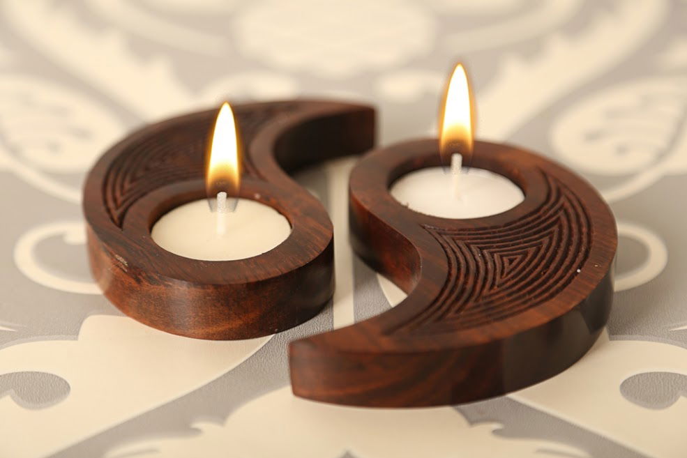 Engraved Ying Yang Design For Prosperity Table Wooden Tealight Holder - ArtyCraftz.com