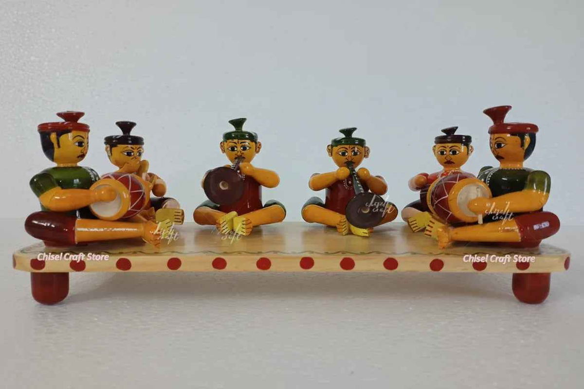 Etikopaka Handpainted Wooden Musicians Set Traditional Folk Band Figurines on Chowki 13 x 5.5 x 5 Inch