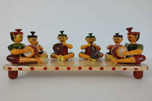 Etikopaka Handpainted Wooden Musicians Set Traditional Folk Band Figurines on Chowki 13 x 5.5 x 5 Inch