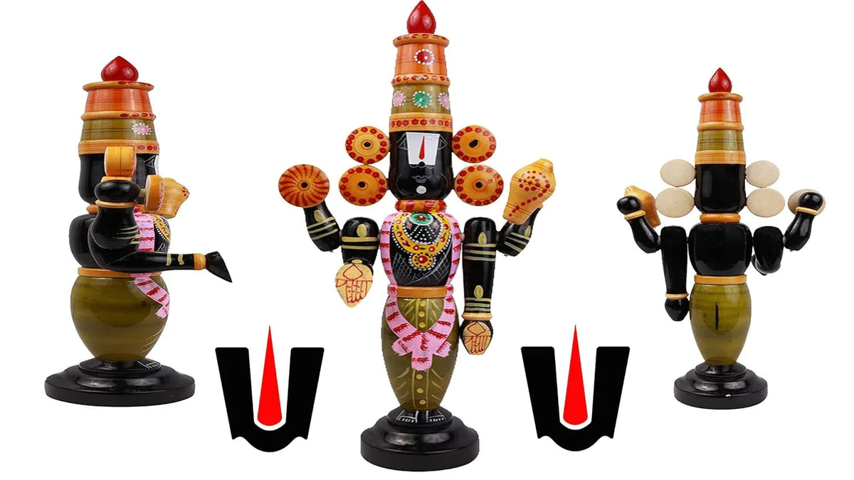 A set of colorful wooden statues depicting the Hindu god Balaji in various poses and attire, crafted in the Etikoppaka style.