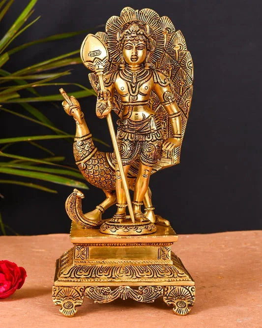 Exquisite Brass Palani Murugan with Peacock Statue-ArtyCraftz.com