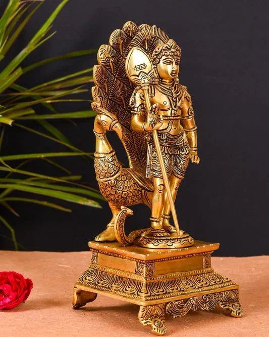 Exquisite Brass Palani Murugan with Peacock Statue-ArtyCraftz.com