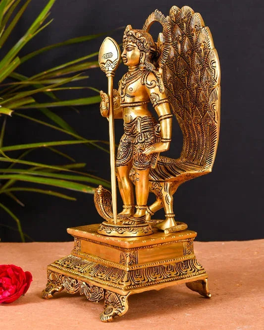 Exquisite Brass Palani Murugan with Peacock Statue-ArtyCraftz.com