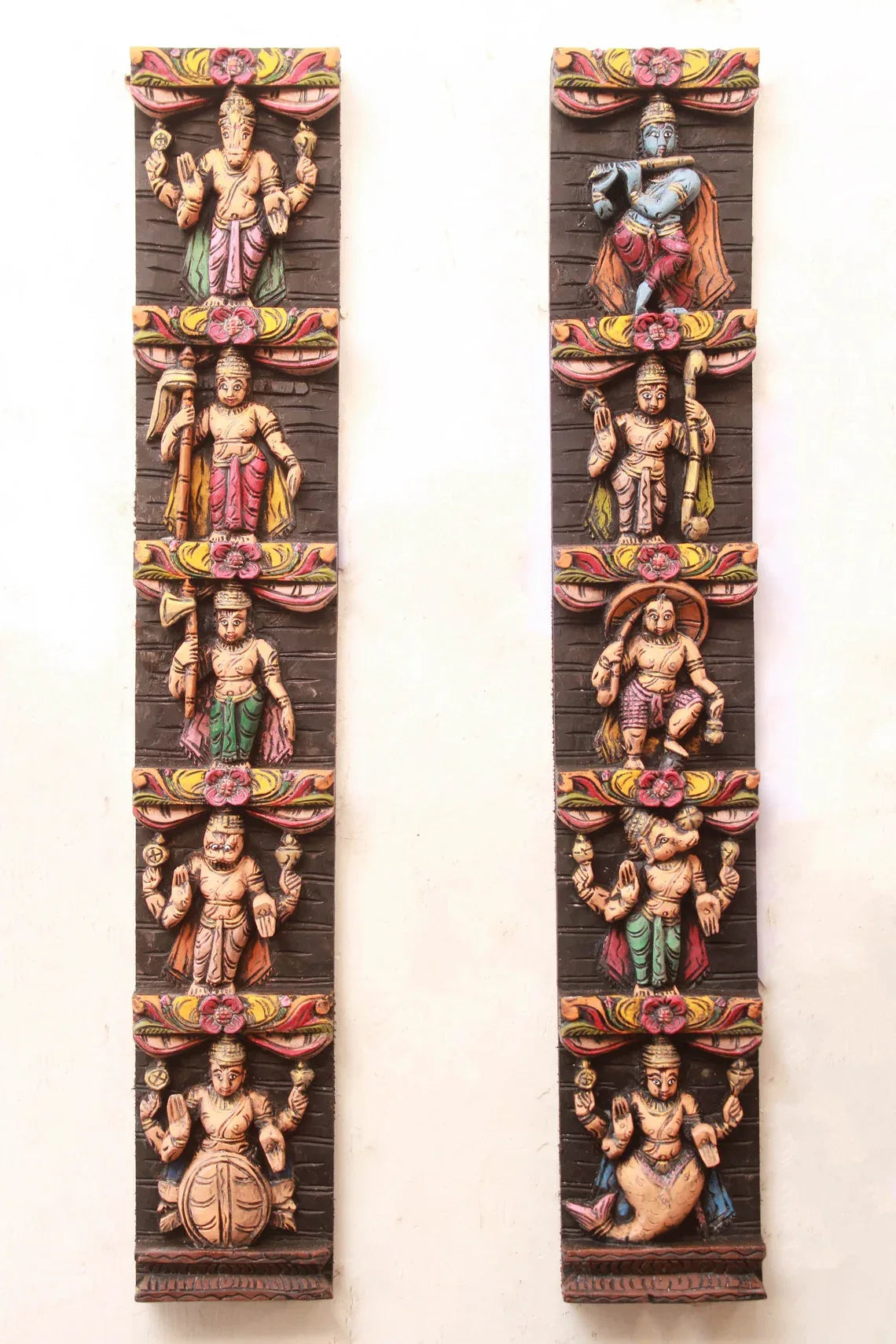 Exquisite Hand-Carved Depiction of Vishnu's Dasavathara Vertical Wall Panel-ArtyCraftz.com