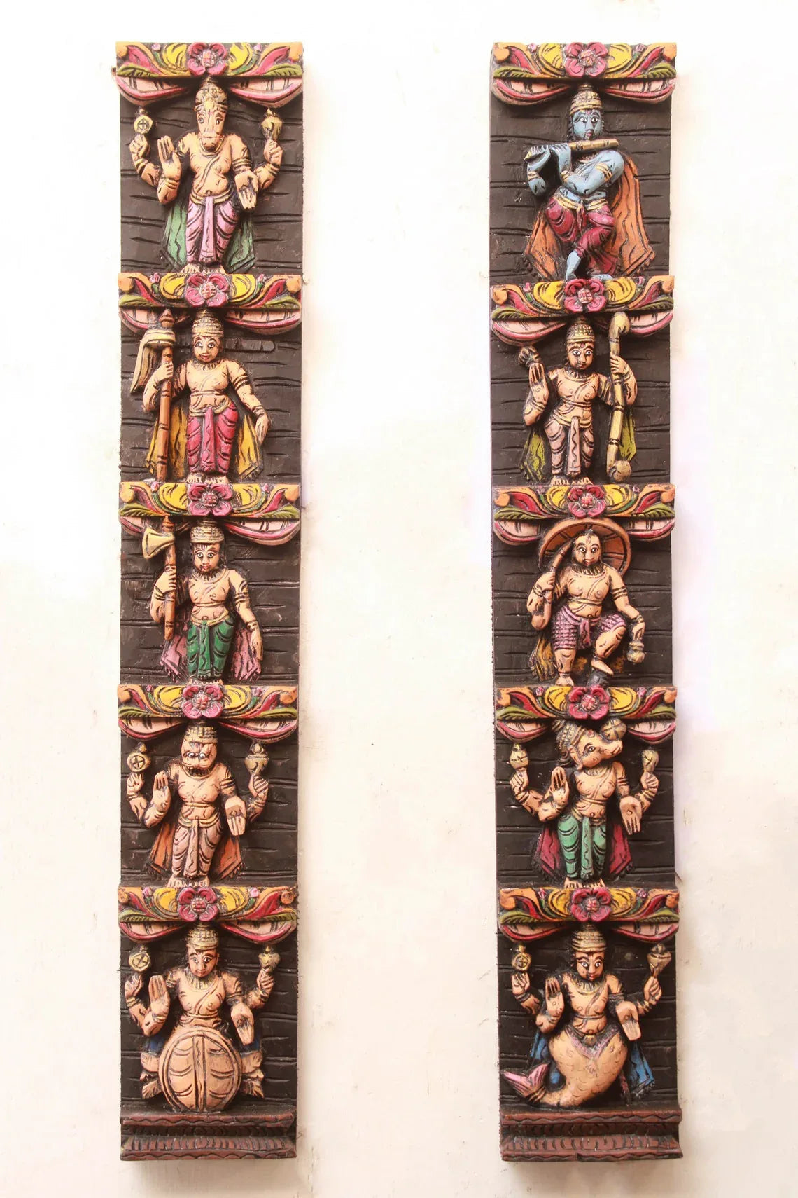 Exquisite Hand-Carved Depiction of Vishnu's Dasavathara Vertical Wall Panel-ArtyCraftz.com