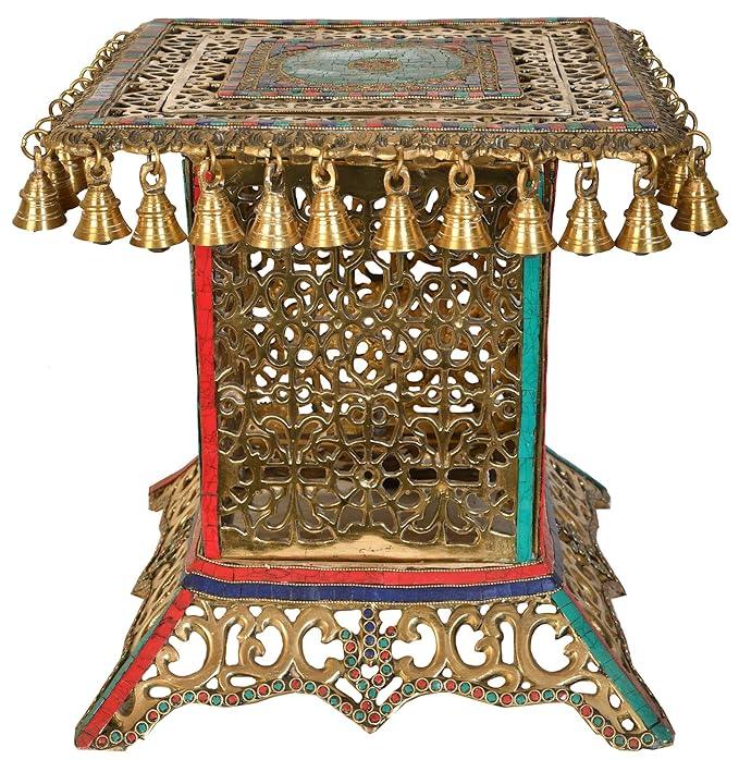 Exquisite Turquoise Coral Beaded Brass Corner Table with Hanging Bells