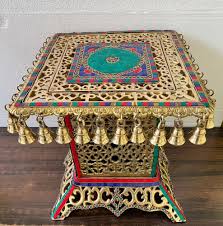 Exquisite Turquoise Coral Beaded Brass Corner Table with Hanging Bells