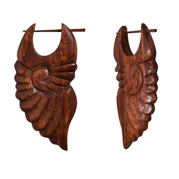 Fear Shape Tribal Fake Gauge Wooden Earrings 2.7" - ArtyCraftz.com