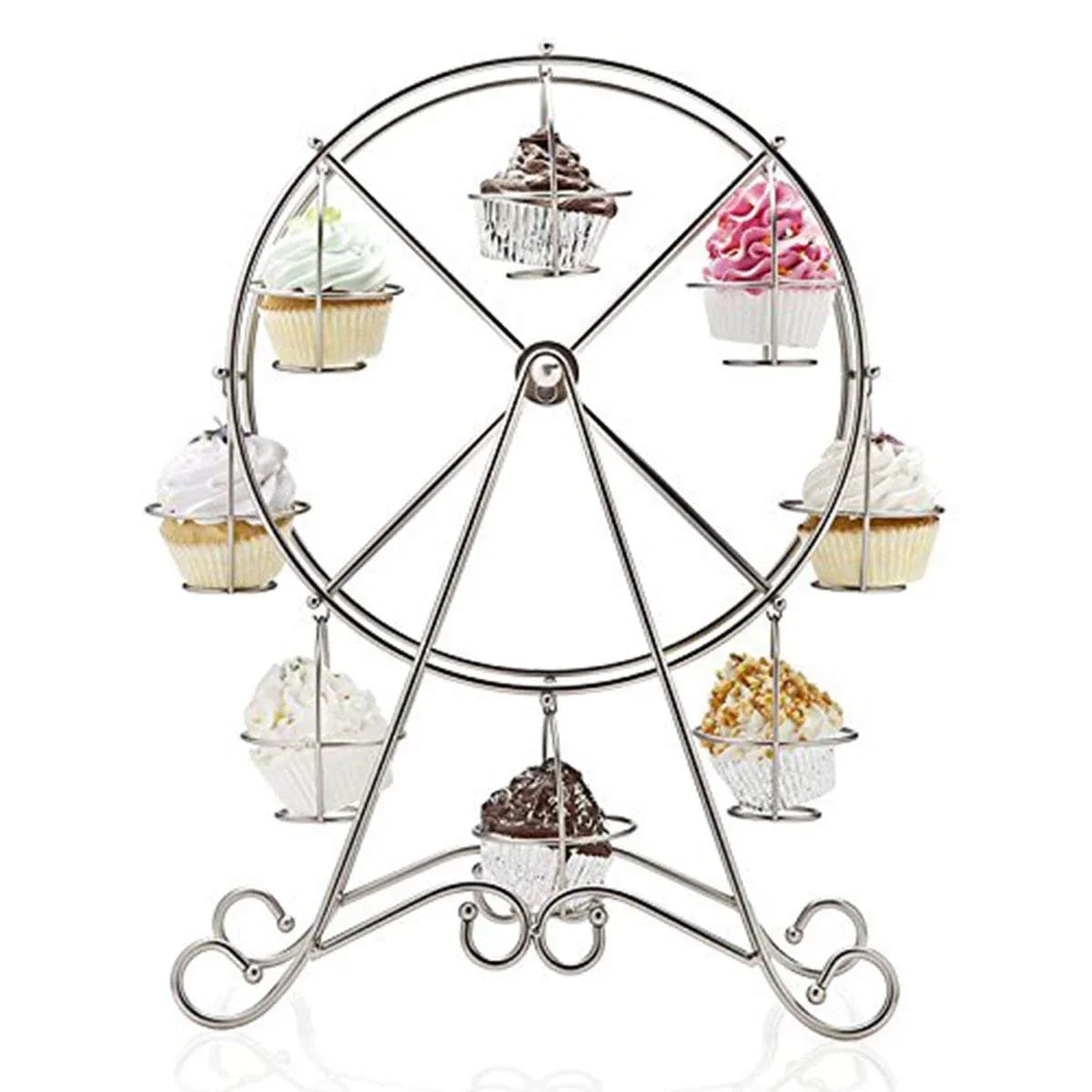 A silver Ferris wheel-shaped cupcake stand with cupcakes in individual compartments, rotating to showcase the cupcakes to the viewer.