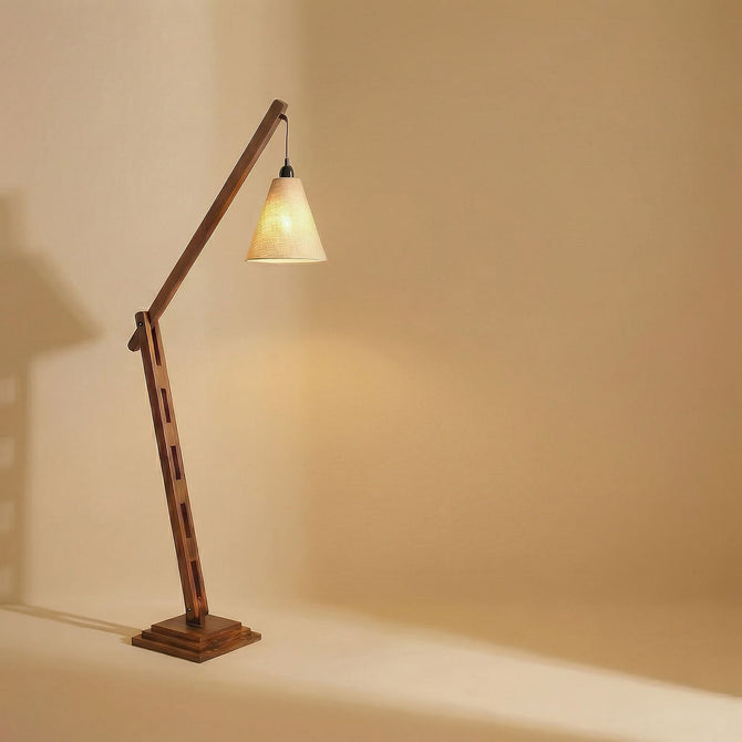 Fisher Wooden Floor Lamp with Brown Base and Jute Fabric Lampshade