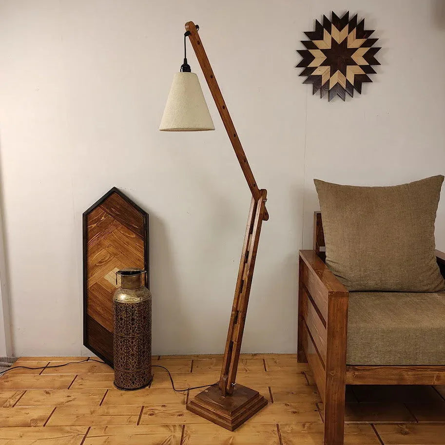 Fisher Wooden Floor Lamp with Brown Base and Jute Fabric Lampshade - ArtyCraftz.com