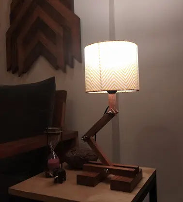 Flex Brown Wooden Table Lamp with Yellow Printed Fabric Lampshade - ArtyCraftz.com
