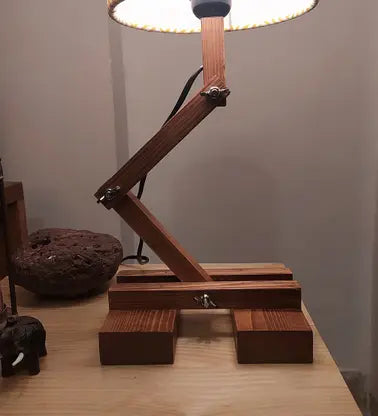 Flex Brown Wooden Table Lamp with Yellow Printed Fabric Lampshade - ArtyCraftz.com