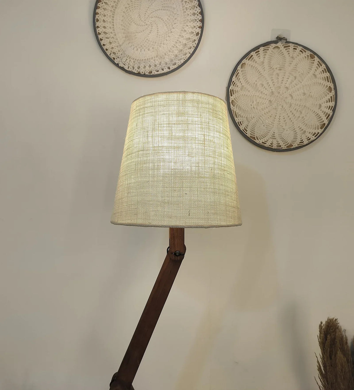 Flex Wooden Floor Lamp with Brown Base and Beige Fabric Lampshade - ArtyCraftz.com