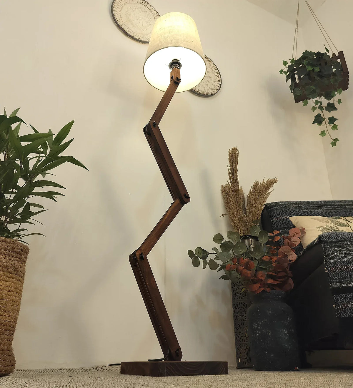 Flex Wooden Floor Lamp with Brown Base and Beige Fabric Lampshade - ArtyCraftz.com