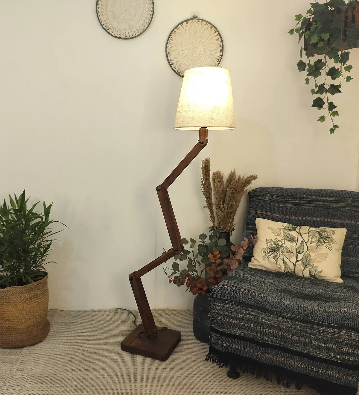 Flex Wooden Floor Lamp with Brown Base and Beige Fabric Lampshade - ArtyCraftz.com