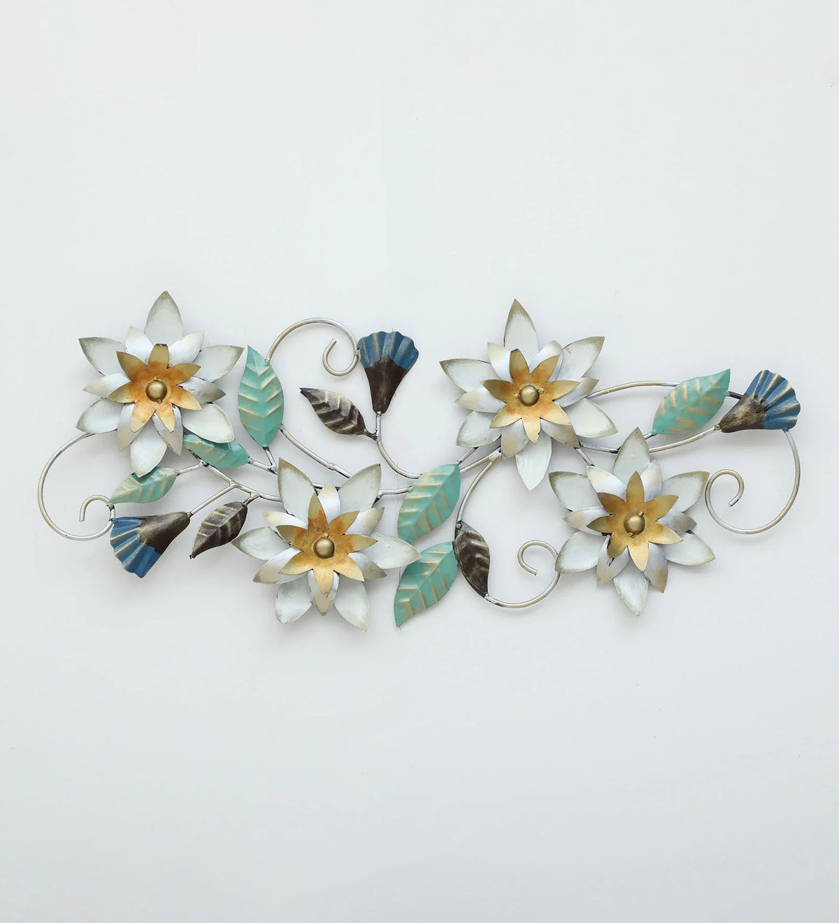 Floral metal wall art with white and gold flowers, turquoise leaves and decorative curling stems-ArtyCraftz.com