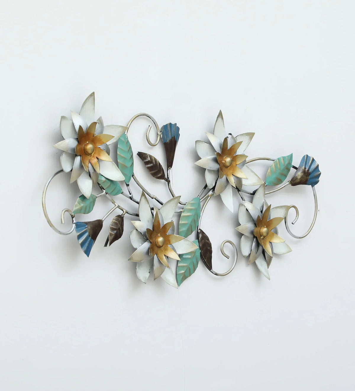 Floral metal wall art with white and gold flowers, turquoise leaves and decorative curling stems-ArtyCraftz.com