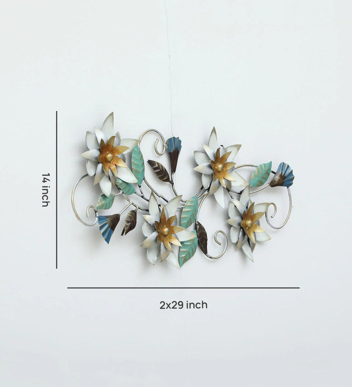 Floral metal wall art with white and gold flowers, turquoise leaves and decorative curling stems-ArtyCraftz.com
