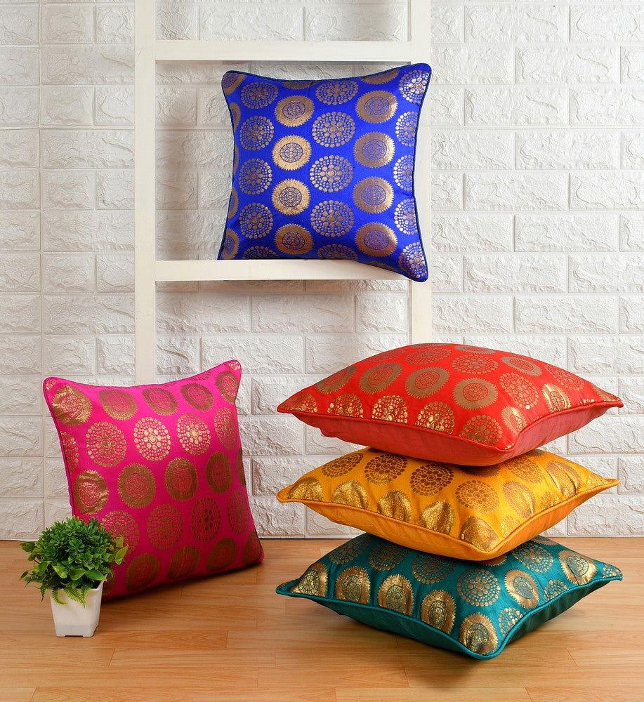 Flower Brocade Silk Cushion Cover for Home Furnishing, Mix Colours, Set of Five, 16x16 - ArtyCraftz.com