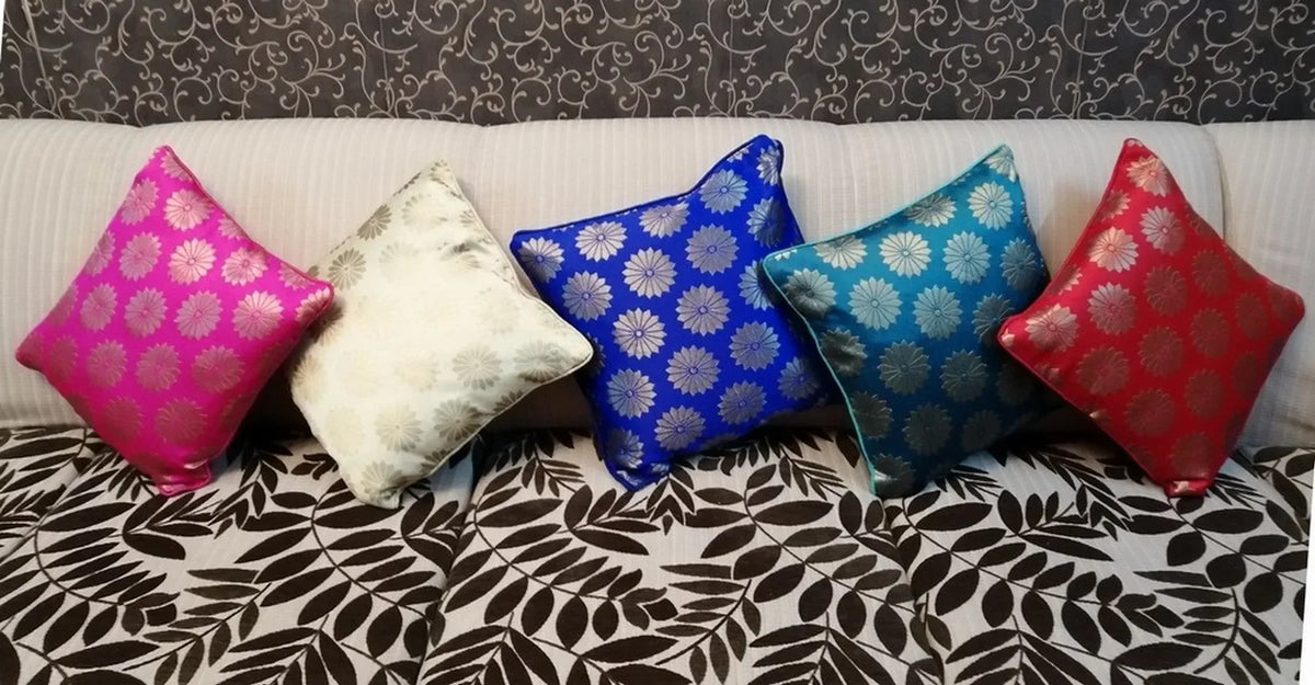 Flower Brocade Silk Cushion Cover for Home Furnishing, Mix Colours, Set of Five, 16x16 - ArtyCraftz.com
