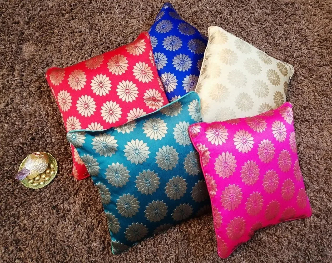 Flower Brocade Silk Cushion Cover for Home Furnishing, Mix Colours, Set of Five, 16x16 - ArtyCraftz.com